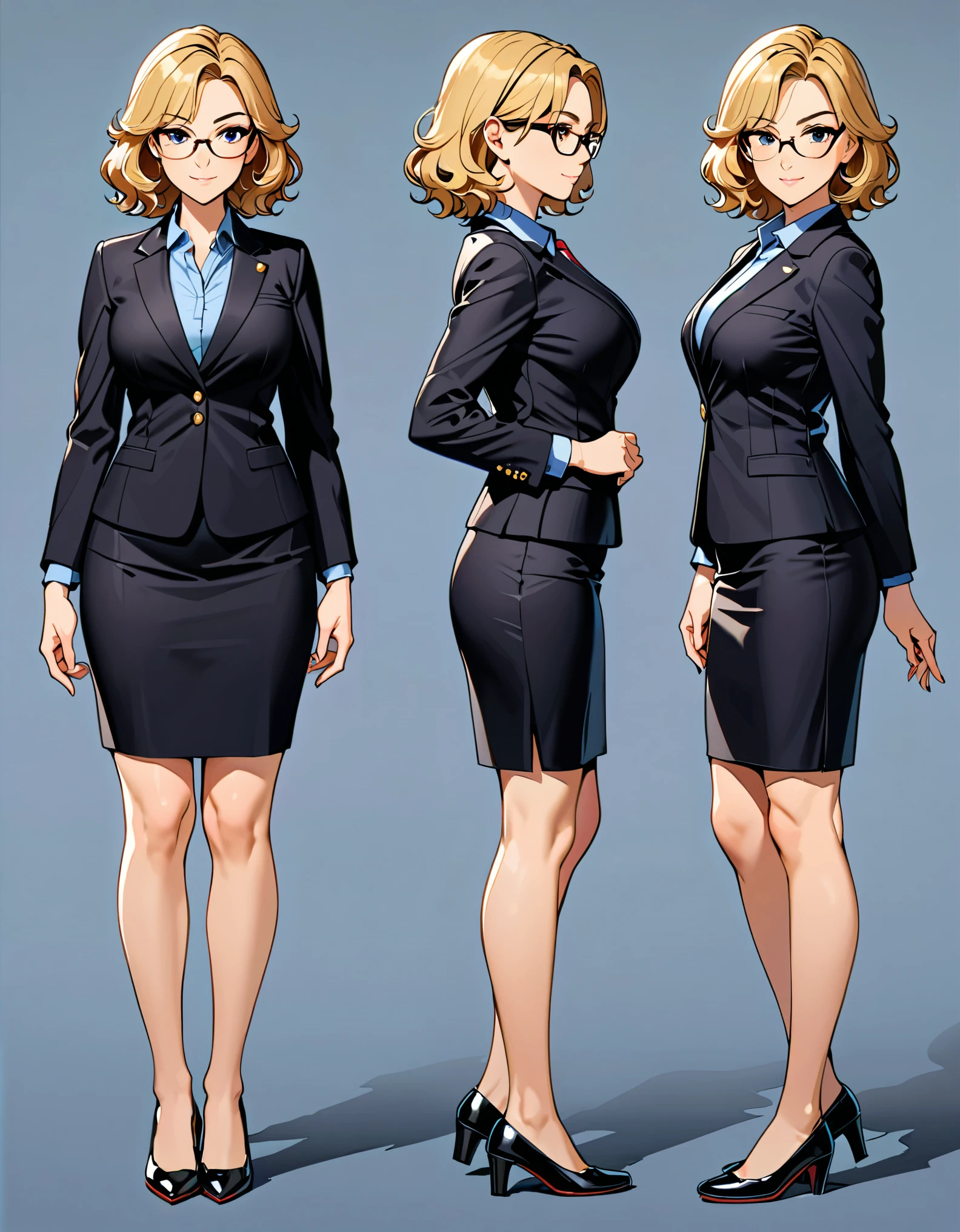masterpiece, best quality, hires, 1girl, equal height, finger proportions coordination, medium breasts, suit, skirt, pencil skirt, bare legs, glasses, shoes, solo, single, hands on hip, standing, beautiful detailed eyes, beautiful detailed face, blonde hair, (short hair), wavy hair, mature lady, teacher, perfect body, good proportions, Simple background, Multiple Views, Character Sheet Full-Length.