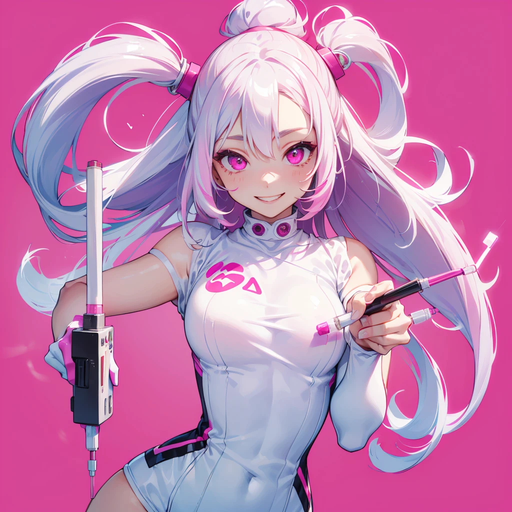 1girl、Dynamic composition、((Perspective Lens, A woman with long milky white hair and pink inner color, Dynamic pose with a cute smiling face, He is holding a syringe bigger than himself towards the viewer.)) ((Pure Magenta Background:1.2)),Looks like she&#39;s in her early 20s,Shooting in mid-motion,With her long braided hair fluttering. (((Her outfit is a nurse&#39;s uniform))),cleavage surgical nurse,  nurse cap, 、Black and deep pink color palette,And she&#39;s casually throwing money around,Be playful.,Super huge、detailed、Draw a big injection in the center of the screen、He is leaning his head out from the injection.、