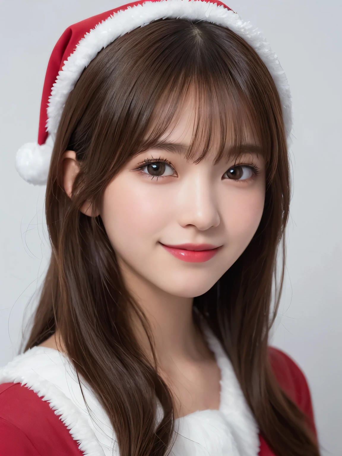 white background, half body portrait, bust shot, looks happy, smile, one girl, (a beauty girl, delicate girl:1.3), (20 years old:1.3), break, (santa claus costume), break, very fine eyes, (symmetrical eyes:1.3), break, small breasts, brown eyes, parted bangs, brown hair, (eyes and faces with detailed:1.0), break, (masterpiece, best quality, ultra detailed, detailed face, 8k)