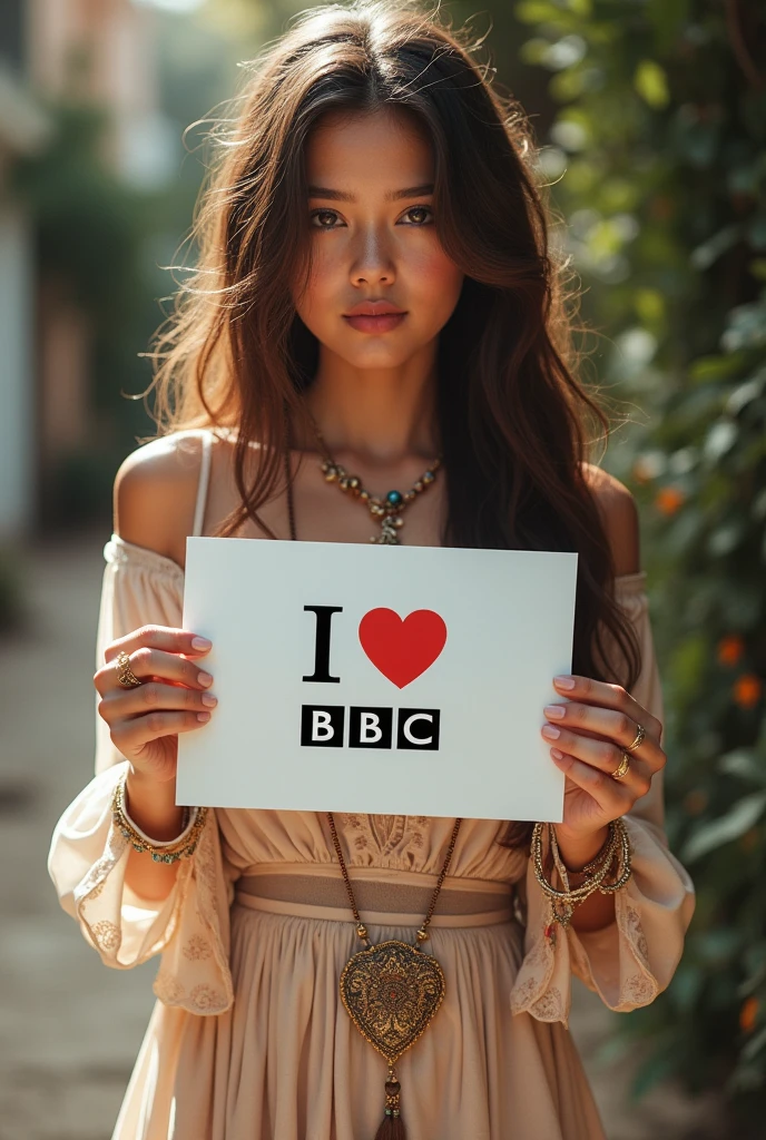 Beautiful girl with wavy long hair, bohemian dress, holding a white board with text "I Love BBC" and showing it to the viewer