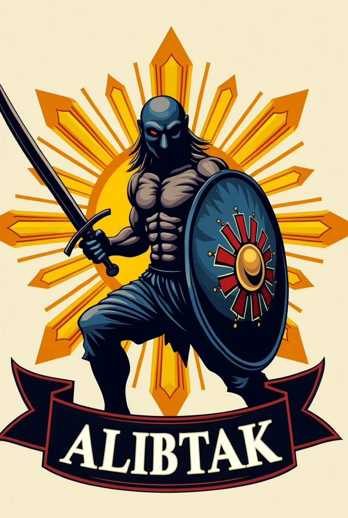 Make a logo for criminology student. The background should be a philippine star colored yellow. Then a shield on top of it that is only colored blue and red. The center of it should have an Igorot filipino fighter holding a shield and sword in a fighting stance (make it realistic and not too muscular) . Then a banner on the bottom of it that says ALIBTAK. 

Make it realistic. 