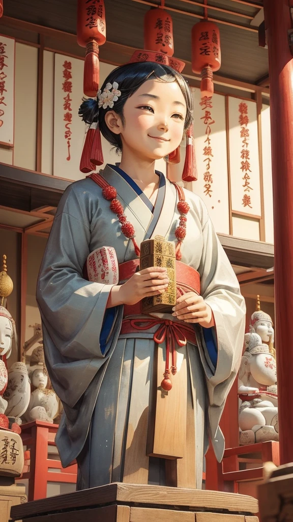 A portrait of a smiling girl at a shrine where prayer plaques for success in school exams have been dedicated。The Seven Lucky Gods are depicted around the statue to bring good fortune.、Support your desire to pass。