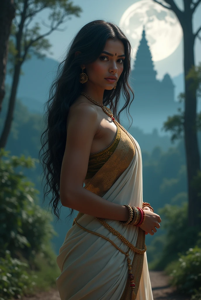 Beautiful indian woman posing, straight photoshoot pose, full body portrait, moonlit night, night time, winter, walking on forest path, detailed face, cute, big eyes, iconic, photorealistic, mountain temple, detailed background, big breasts, sexy thin saree, long wavy hair, cleavage, symmetric face, masterpiece, 8k, ultra realistic A little milk has come out and the hand is in the milk