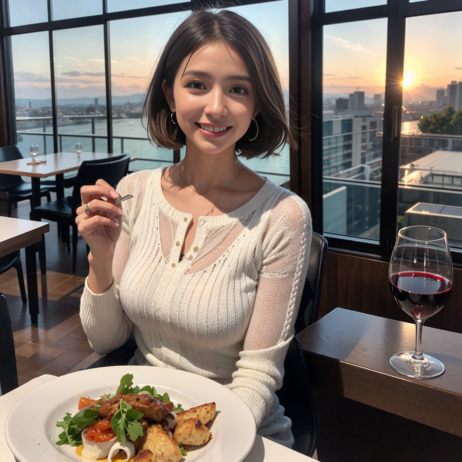 (Realistic:1.1),(masterpiece,Highest quality),8k,(56 years old), 53 years old, ベリーslimボディ、slimカップル、Tight waist,Upper Body,full-course dinner、wine 、Amazing view of the sunset sky and clouds、Perfect Anatomy, Brown Hair, short hair,Random Hairstyles,((Highly detailed face and eyes:1.2)),Perfect golden ratio face,Long sleeve shirt、dress,(smile:1.2)、Shortcuts、cute、(Realistic, Intricate details:1.2), A bright smile、short hair,Bright Face、赤wine 、Appetizers、Italian food、wine bottle、Champagne、スパークリングwine、(slimな顔), (The body is slim), (Brown Hair), (Shortcuts), Upper Body, 白wine, slim, wineグラス,