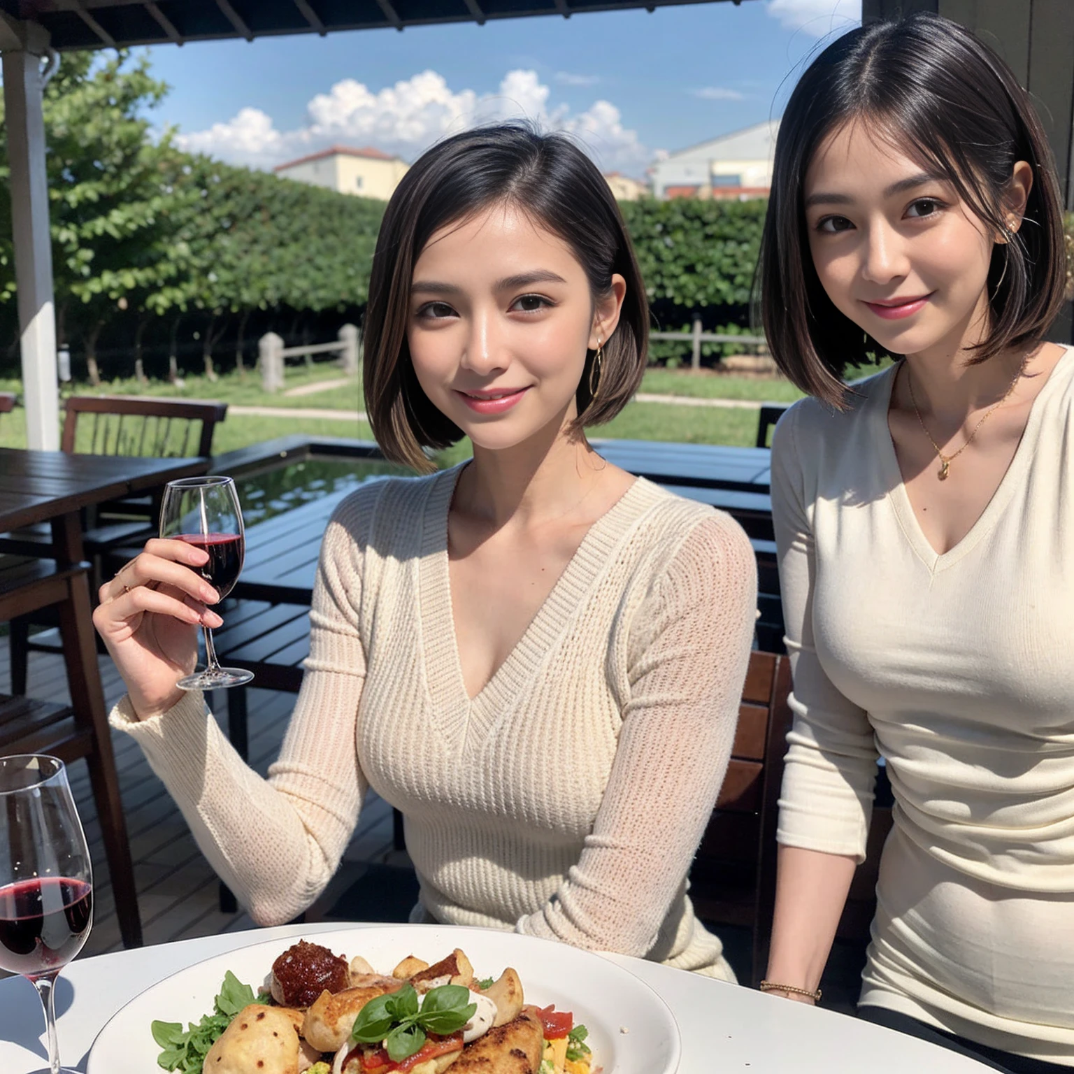 (Realistic:1.1),(masterpiece,Highest quality),8k,(56 years old), 53 years old, ベリーslimボディ、slimカップル、Tight waist,Upper Body,full-course dinner、wine 、Amazing view of the sunset sky and clouds、Perfect Anatomy, Brown Hair, short hair,Random Hairstyles,((Highly detailed face and eyes:1.2)),Perfect golden ratio face,Long sleeve shirt、dress,(smile:1.2)、Shortcuts、cute、(Realistic, Intricate details:1.2), A bright smile、short hair,Bright Face、赤wine 、Appetizers、Italian food、wine bottle、Champagne、スパークリングwine、(slimな顔), (The body is slim), (Brown Hair), (Shortcuts), Upper Body, 白wine, slim, wineグラス,