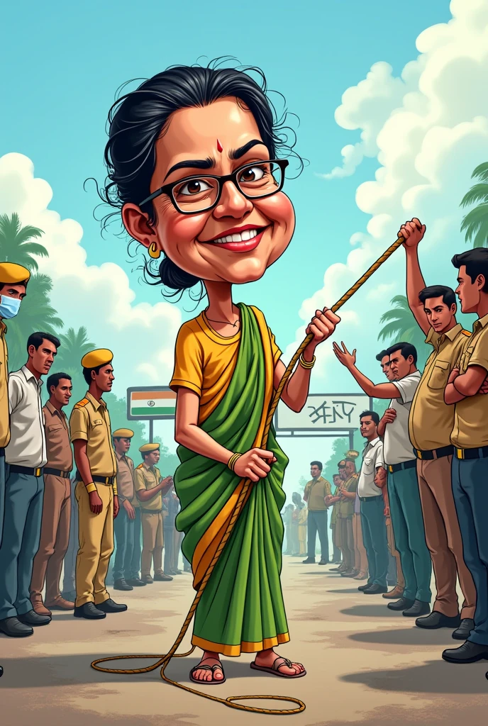 Mamta benergee in at bangladesh boarder and remove the bar rope funny image cartoon character 
