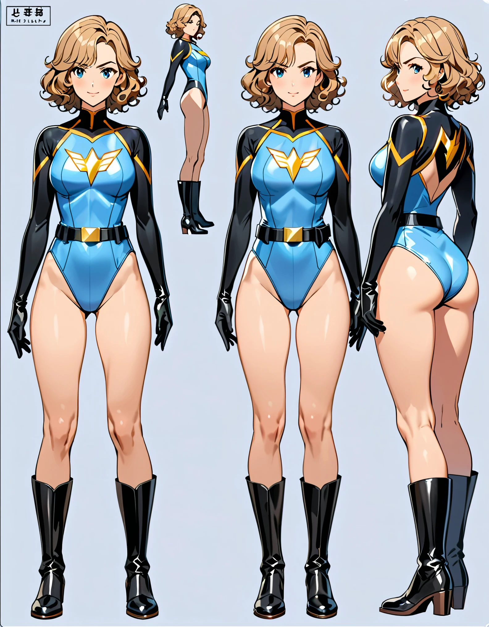 masterpiece, best quality, hires, 1girl, equal height, finger proportions coordination, medium breasts, ((leotard, light blue leotard, lighting bolt \(emblem\) on chest, (fastened tight belt))), long sleeves, (bare legs), black boots, matching boots, black gloves, solo, single, standing, superhero, beautiful detailed eyes, beautiful detailed face, blonde hair, (short hair), wavy hair, mature lady, teacher, perfect body. Simple background, Multiple Views, Character Sheet Full-Length.