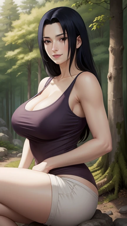 Mikoto Uchiha, oil painting, highly detailed, realistic, portrait, bright colors, soft lighting, (best quality, 4k,8k, height, masterpiece: 1.2), (big round breasts: 1.5), professional, long black hair, eyes black, beautiful detailed eyes and face, very detailed smile, long eyelashes, sitting on a rock, looking towards the viewer, very short top, big butt, bare shoulders, white shorts, outdoors, forest, cowboy shot, collarbone, naked