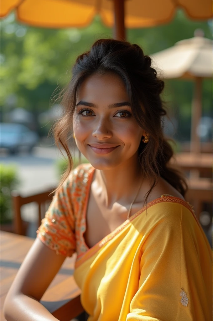 ((best quality)), ((masterpiece)), (detailed), Beautiful 24 years old indian girl in light transparent orange color textures saree with orange blouse. Close up photo to viewer from café table, cinematic:1.3, realism, beautiful lip, beautiful-cute brown eyes, beautiful thin wavy medium french styling brown hair, attractive neck, fair Chocolaty skin, beautiful strong cheekbones, medium height, skinny thin body shape,kind face, casual indian pose in the outside of park sitting on park cafe's chair at afternoon sunrise under the umbrella, smiling: 1.3, ponytail:0.5, deep shadow.