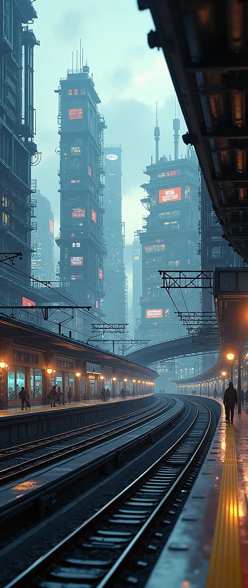 Future City:1.5,station,train,building,masterpiece,Highest quality,Ultra-high resolution,(Very detailed:1.2),8k,Realistic,Best aesthetics,beautiful,sf,cyber punk