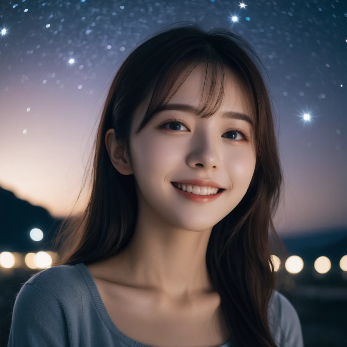 1 girl, Starry Sky,night, shooting star,Upper Body,close,smile,, (8k, RAW Photos, Highest quality, masterpiece:1.2),(Realistic, photo-Realistic:1.37),
