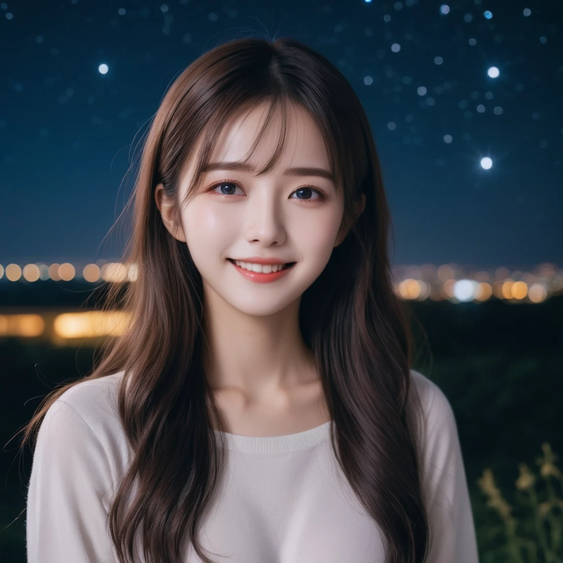 1 girl, Starry Sky,night, shooting star,Upper Body,close,smile,, (8k, RAW Photos, Highest quality, masterpiece:1.2),(Realistic, photo-Realistic:1.37),