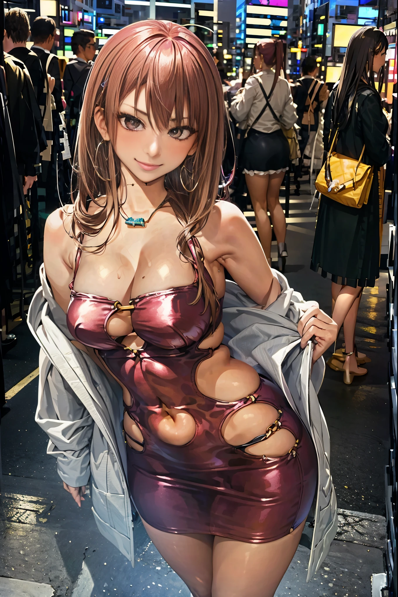 masterpiece, formal, (Mature women standing in a row、Sticking out towards the viewer:1.4), (Pink bodycon, Micro Dress:1.2), (Detailed eyes, Perfect Face, Face Focus:1.2), (Highly wrinkled, shiny clothing that reflects light:1.2), Glitter, Sparkling gold, (Hoop Earrings), necklace, Fishnet tights, hair ornaments, latex, Glowing Skin, Attractive perfect female proportions, Detailed surface texture, Wicked Smile, blush, (venue)