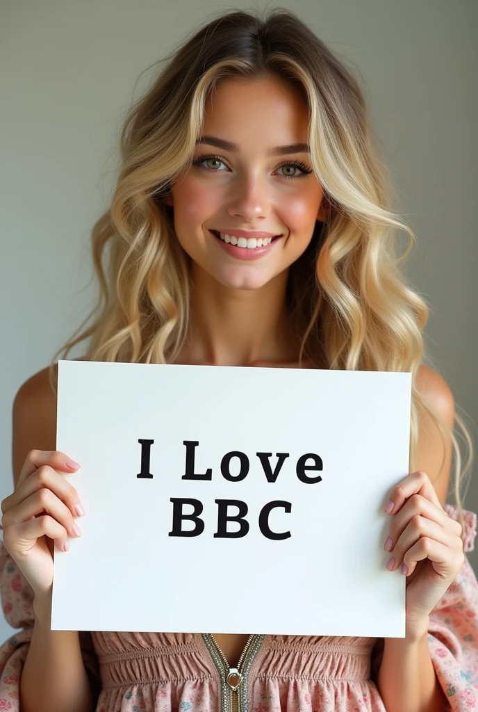 Beautiful girl with blonde wavy long hair, bohemian dress, holding a white board with text "I Love BBC" and showing it to the viewer