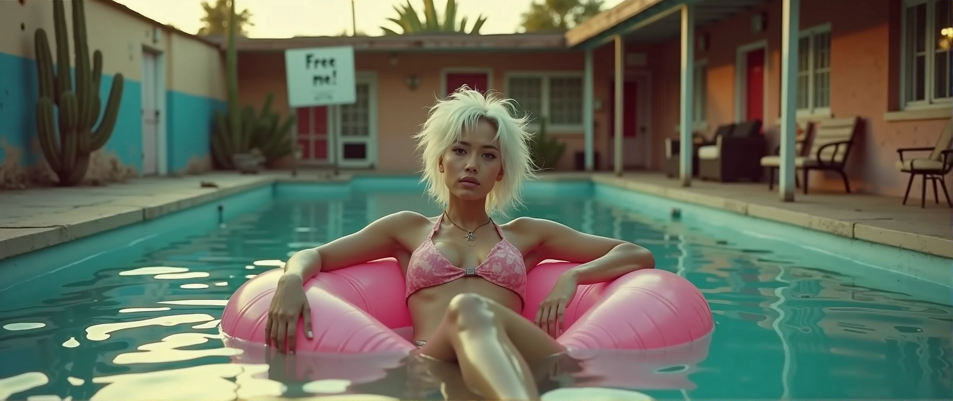 8k, raw documentary cinematic, dramatic Analog raw pro, A split-level shot captures a 24-year-old wet busty bimbo beauty with white punk hair, lounging on a pink pool float. Half-submerged lens reveals her ultra-slim deformed by water figure in a bikini, cigarette in hand. The dilapidated Mexican motel pool, surrounded by cacti, exudes eerie charm. A weathered sign pleads "Free me!" Golden hour light bathes the scene, highlighting hyper-realistic details: dust motel