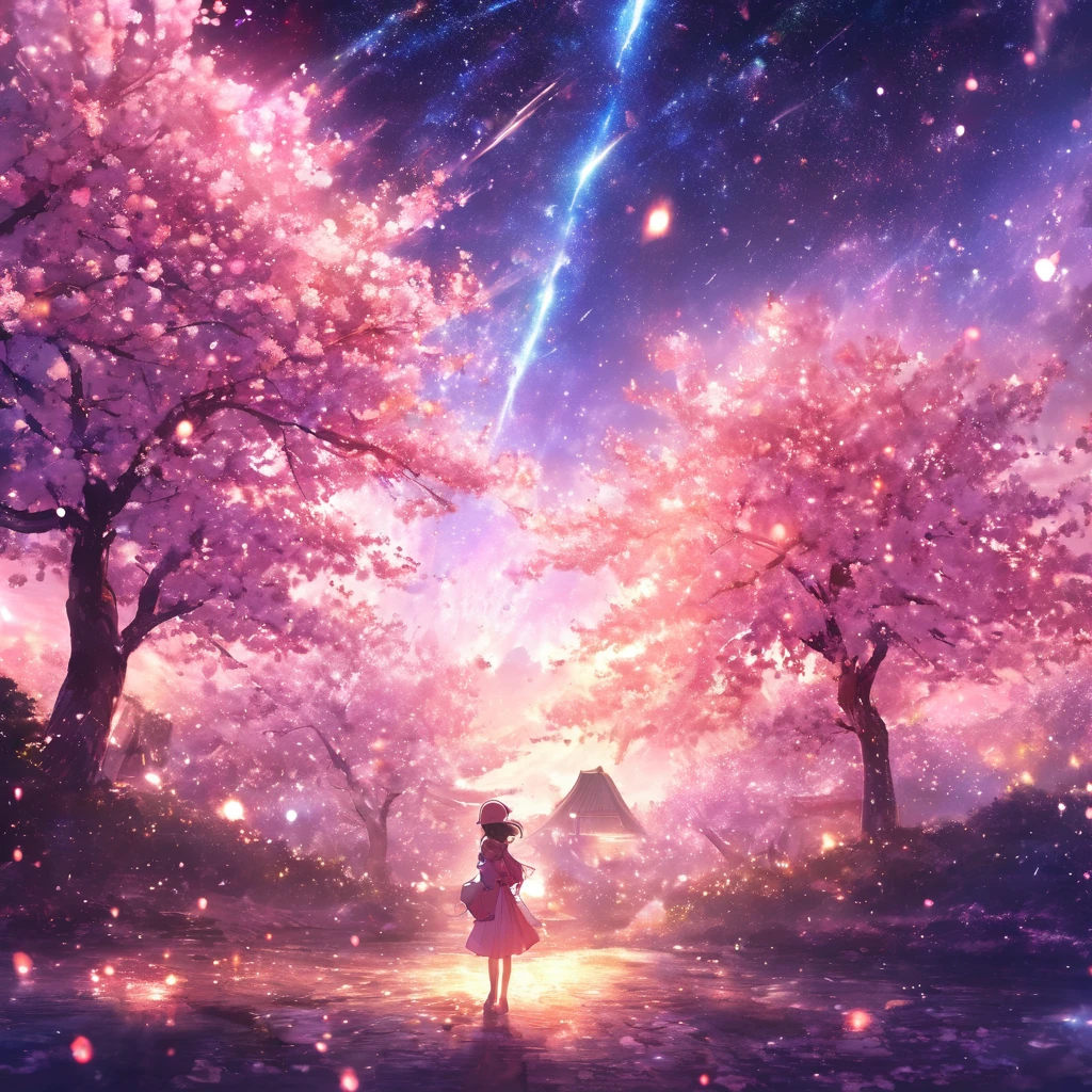 masterpiece, concept art, panorama, middle, shape, wide shot, cherry blossoms, night, (meteor), space galaxy background, (great composition, epic scale), dynamic lighting, bright colors, cherry blossoms, one girl, garden , stardust