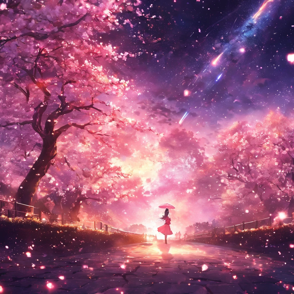 masterpiece, concept art, panorama, middle, shape, wide shot, cherry blossoms, night, (meteor), space galaxy background, (great composition, epic scale), dynamic lighting, bright colors, cherry blossoms, one girl, garden , stardust