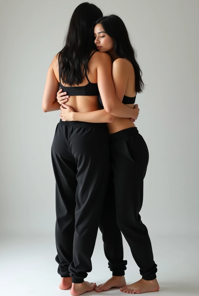 black hair, black sweatpants, White skinned, Braless, Boyfriend hugging barefoot woman from behind