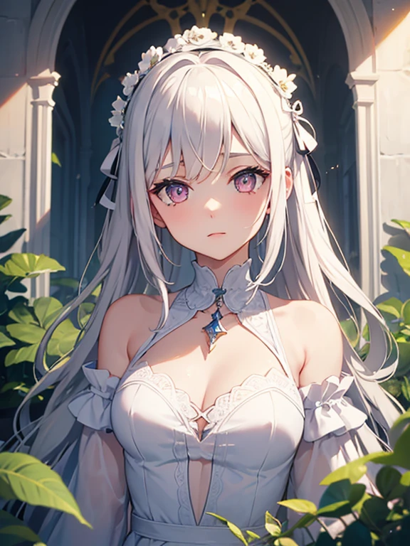 One girl, the most absurd, White medium hair, Detailed pupils, Pale pink eyes, Center parted hair, Small breasts, White Dress, garden, noon, blue sky, beautiful, Dramatic Light, Strong Shadows, Nice views, Depth of written boundary, Cinema Lighting, ((masterpiece)), Attention to detail, high quality, 最high quality, High resolution, Staring at the audience