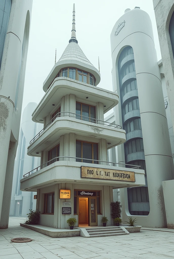 A small three-story old concrete building in a futuristic, modern, smooth-shaped building district,A sign with faded letters on a small building,