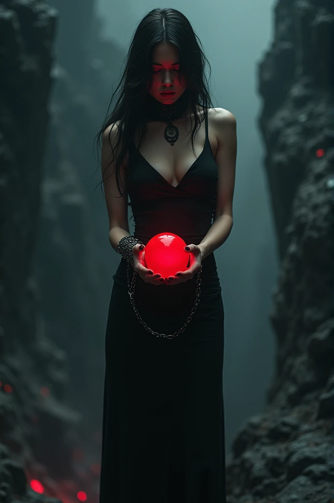 A beautiful girl in a black dress and chains on her wrists stands on the edge of an abyss with a red ball