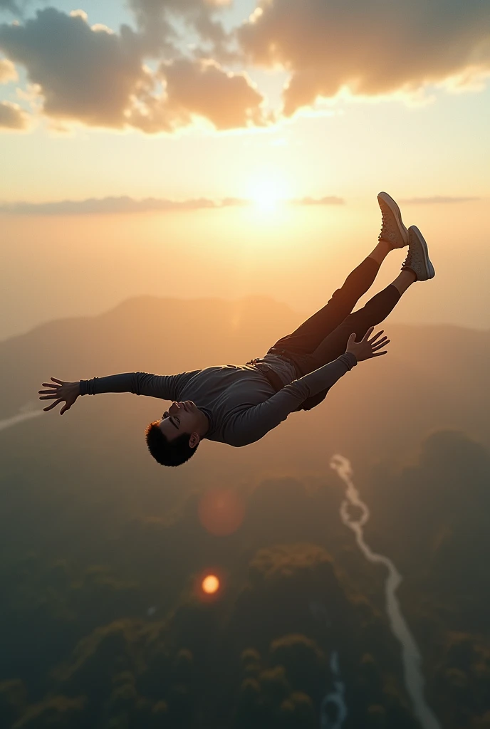 a man skydiving upon beatiful landscape, lying horizontally flat on air, facing down, knees bent 90 degrees, hands wide - balancing, rising sun with photo flares, 4k