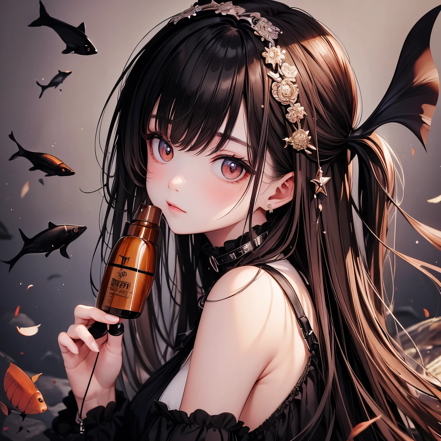 (masterpiece), Highest quality, Ultra-high resolution,Devil with a black ribbon、Brown Hair、Brown eyes、Brown clothes、(Hair oil:1.3)、(fish:1.3)、(almond:1.3)