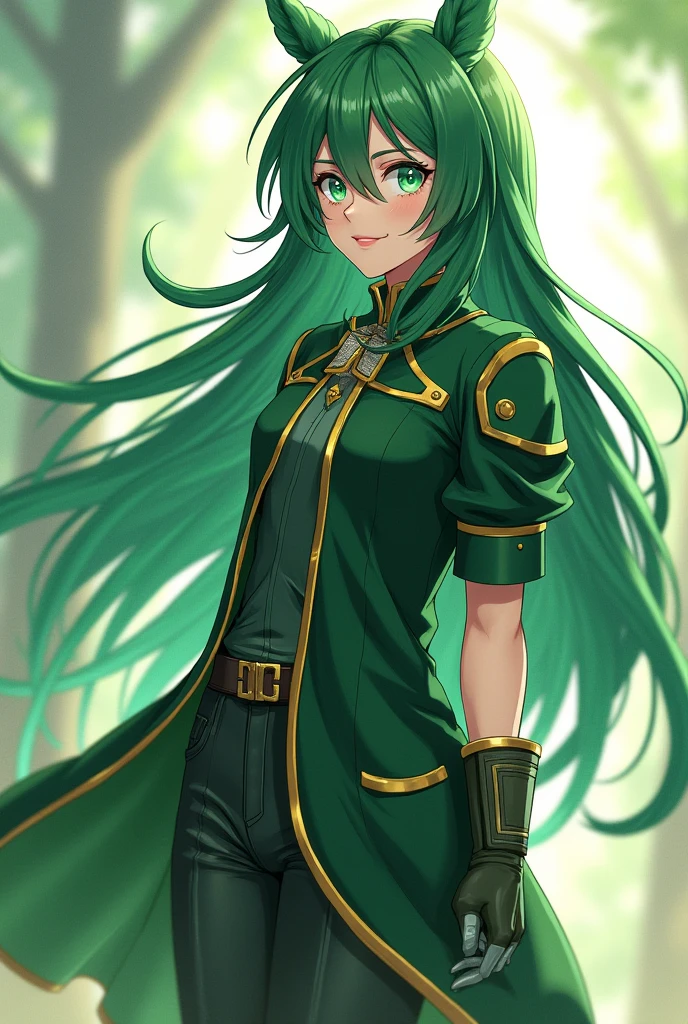 Anime girl,who has green hairs,wear green coat and half gloves,wear pant and boots