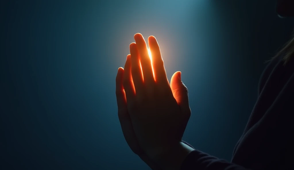 Design a 16:9 thumbnail featuring close-up praying hands illuminated by a warm, golden light. The background should be a gradient of deep blue to light blue, symbolizing the transition from night (anxiety) to day (peace).