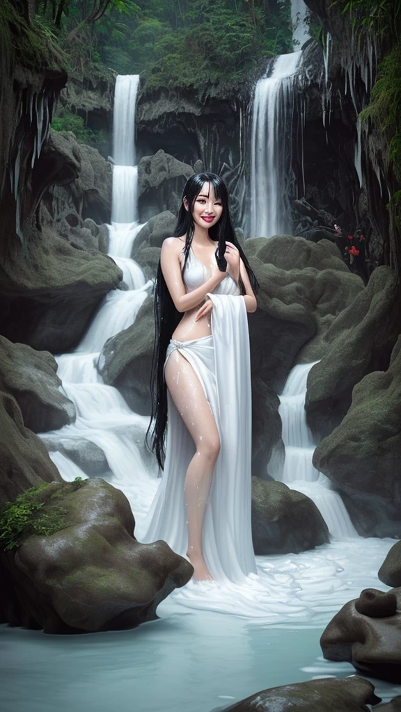 full body shot,clear waterfall flowing strongly. Beautiful Thai female , long black hair, white skin,juicy red lip & nails, smile,Stand and wash your hair under the waterfall. A clear stream of water washed the many thick white foam from her hair.