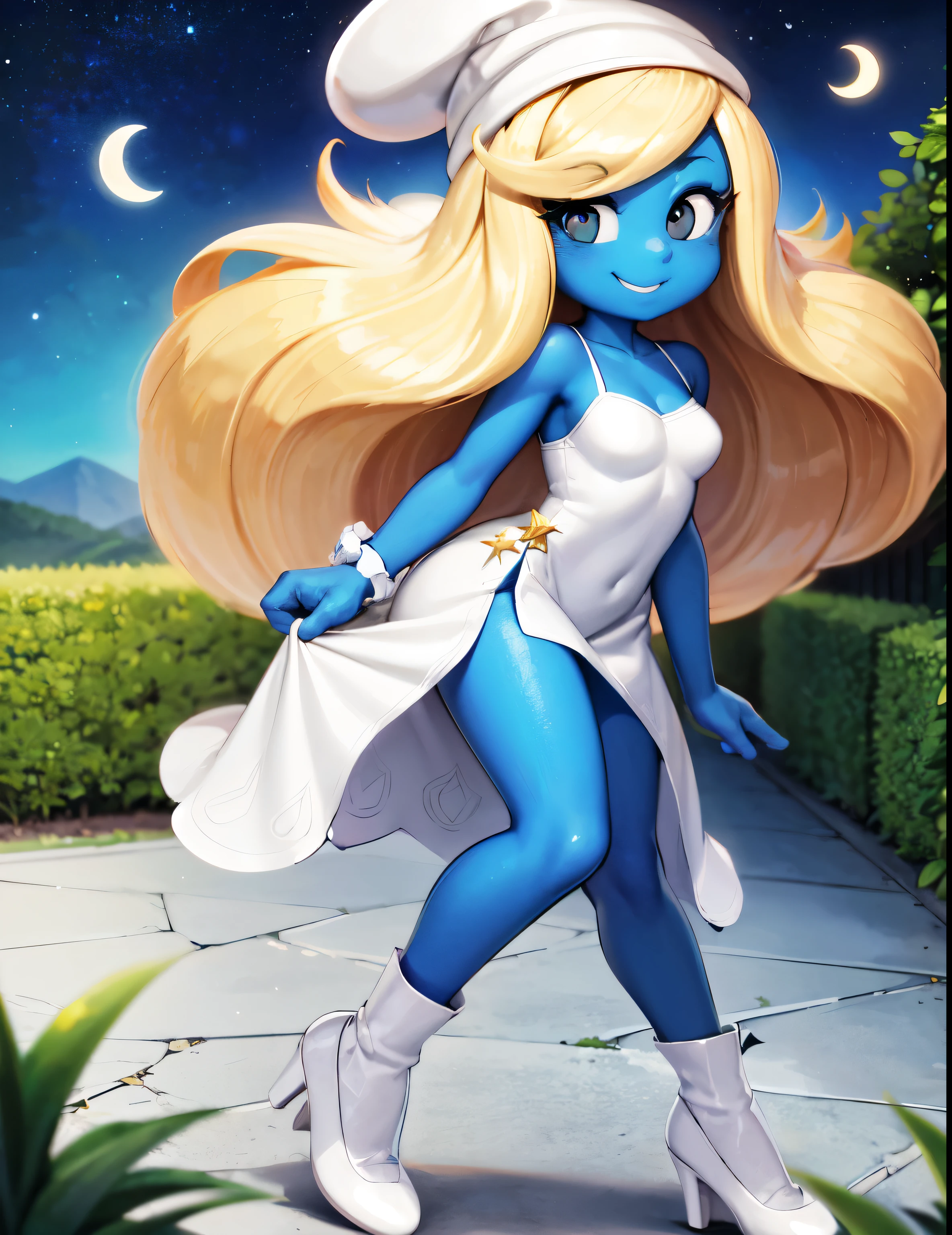 ((best quality)), ((highly detailed)), absurdres, detailed face, beautiful face, (detailed eyes, deep eyes), (1girl), full body in frame, smurfetteOC, blonde hair, very long hair, black eyes, colored skin, blue skin, medium breasts, smiling, hat, white dress, (long dress), high heels, white footwear, (outdoors, at a garden, night, night sky, stars, crescent moon, shooting star,) standing straight up, facing at camera