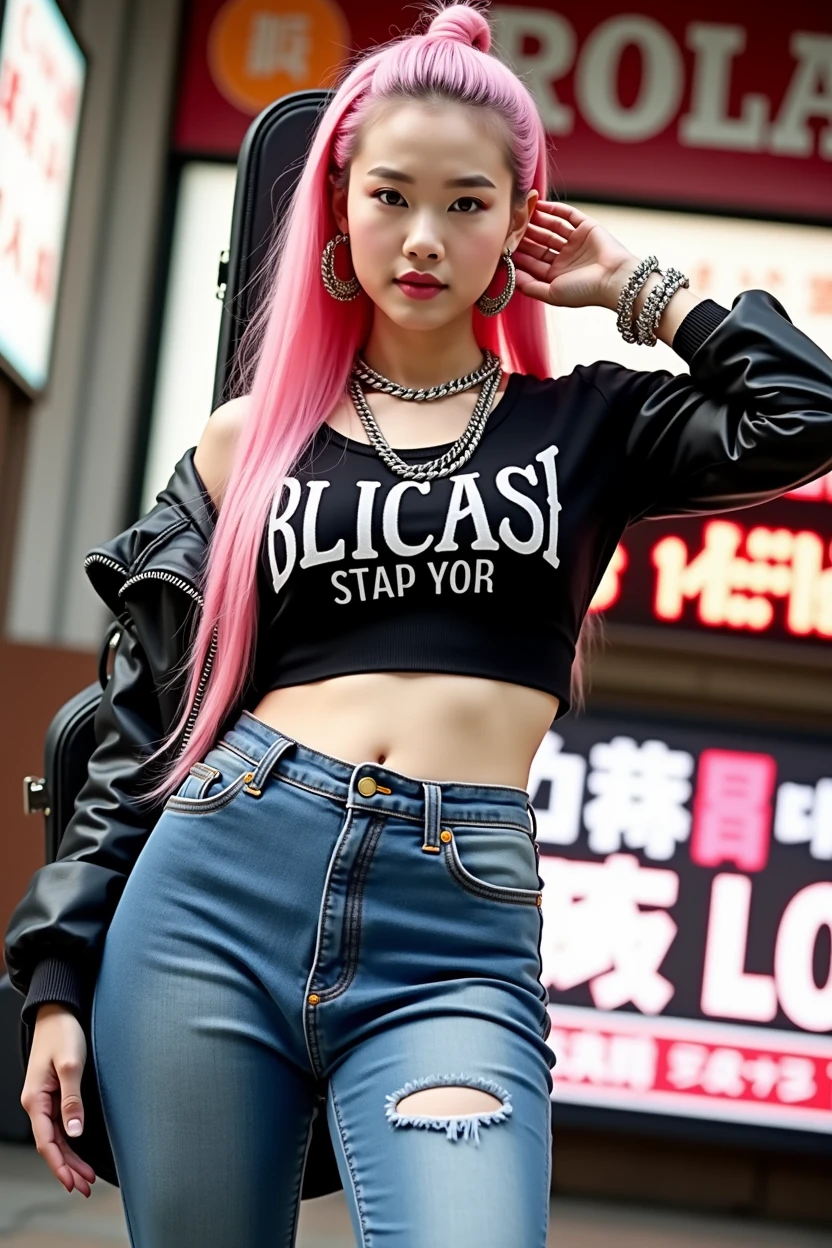 (((A woman carrying a large black guitar case on her back)))、A 26-year-old adult woman wearing a black crew neck top with loud English letters on the chest and short blue jeans poses for a photo, Dynamic Pose、Model poses for rock music magazine、Slender curvesの想像を超えた美女、 Japanese female fashion model, (((Very bright pink hair)))、happiness、Thick chain jewelry around the neck and arms、(((In front of a strip theater in Asakusa)))、A pure and beautiful smile、Intelligent face、Slender curves、Big Breasts、Black T-shirt、He's wearing a very small leather jacket.、Denim shorts、(((Extreme low angle)))、null、building、He is carrying a black guitar case with a guitar strap
