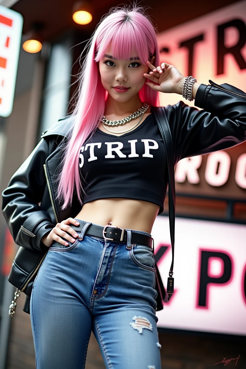 (((A woman carrying a large black guitar case on her back)))、A 26-year-old adult woman wearing a black crew neck top with loud English letters on the chest and short blue jeans poses for a photo, Dynamic Pose、Model poses for rock music magazine、Slender curvesの想像を超えた美女、 Japanese female fashion model, (((Very bright pink hair)))、happiness、Thick chain jewelry around the neck and arms、(((In front of a strip theater in Asakusa)))、A pure and beautiful smile、Intelligent face、Slender curves、Big Breasts、Black T-shirt、He's wearing a very small leather jacket.、Denim shorts、(((Extreme low angle)))、null、building、He is carrying a black guitar case with a guitar strap