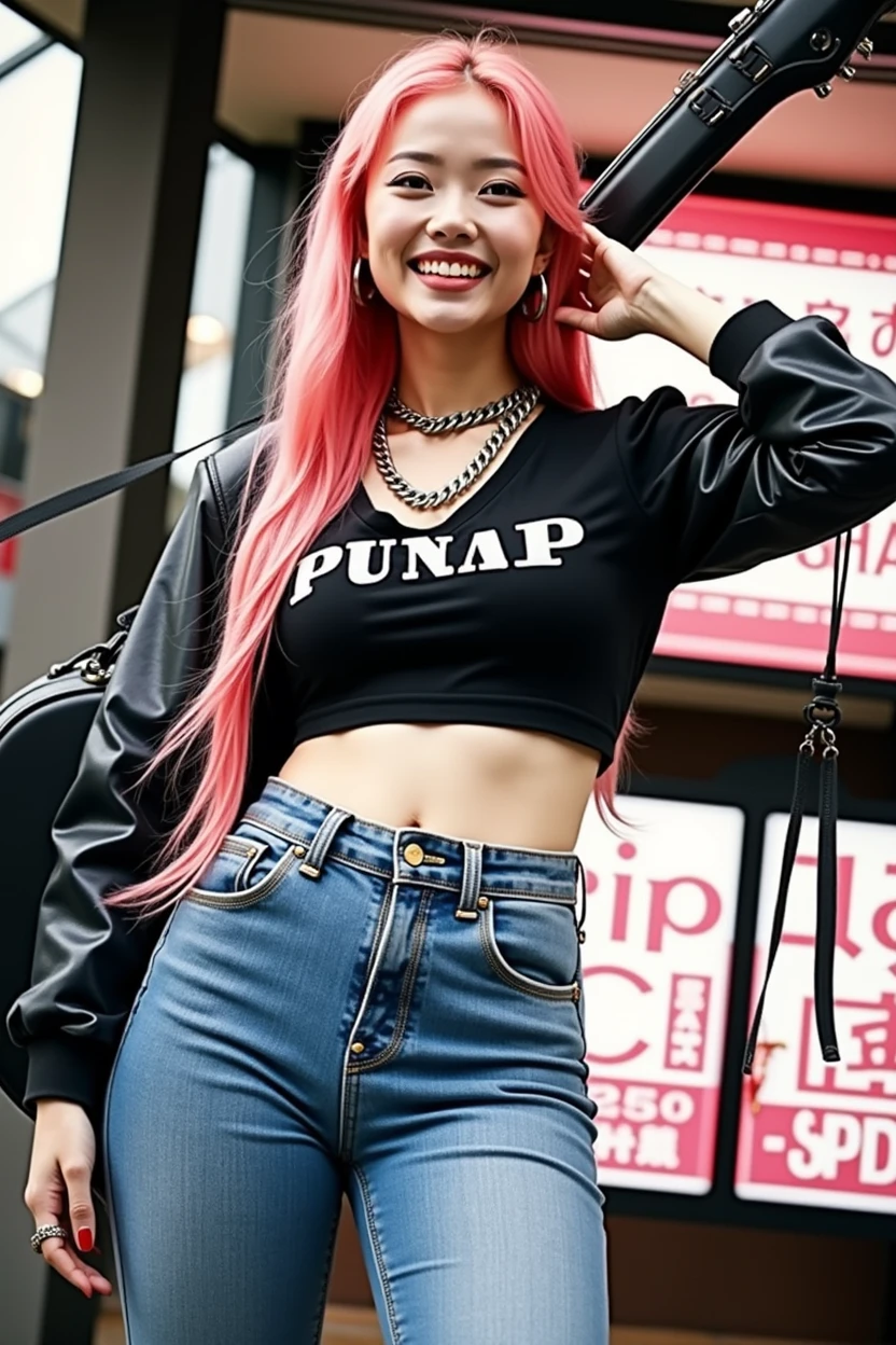 (((A woman carrying a large black guitar case on her back)))、A 26-year-old adult woman wearing a black crew neck top with loud English letters on the chest and short blue jeans poses for a photo, Dynamic Pose、Model poses for rock music magazine、Slender curvesの想像を超えた美女、 Japanese female fashion model, (((Very bright pink hair)))、happiness、Thick chain jewelry around the neck and arms、(((In front of a strip theater in Asakusa)))、A pure and beautiful smile、Intelligent face、Slender curves、Big Breasts、Black T-shirt、He's wearing a very small leather jacket.、Denim shorts、(((Extreme low angle)))、null、building、He is carrying a black guitar case with a guitar strap