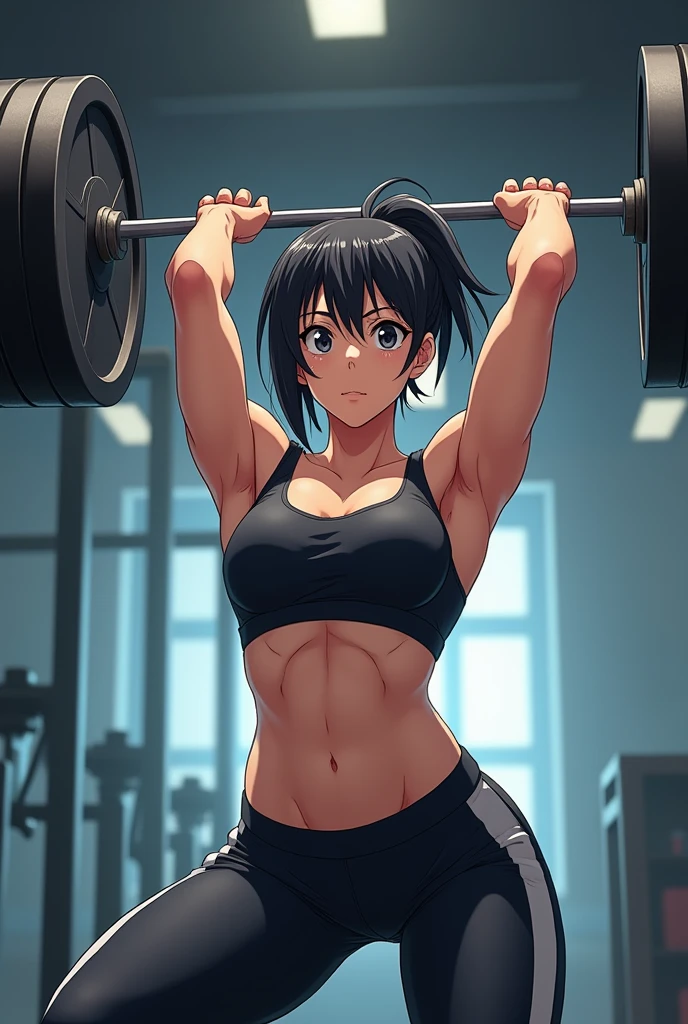 Hot gym girl with bob black hair small flat boobs with white wet see through shirt no bra massive nipples thicc thighs in tight black Nike pro shorts with a tear in the middle showing her wet pussie with a six pack and a dominating pose nsfw