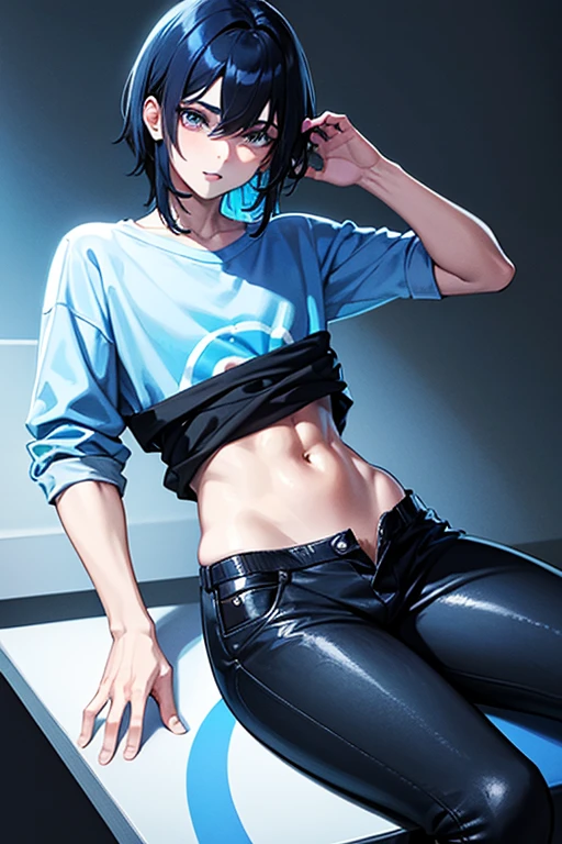 A teenage male with very white skin, black hair with blue streaks on one side and blue streaks on the other with a cute face wearing a loose shirt and tight pants and big thighs