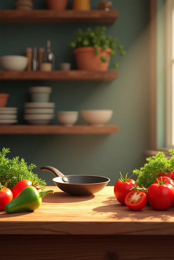 There should be a round wooden table on which one green one parsley and three tomatoes and two peppers on the wooden table there should be room for a frying pan but you don't add the frying pan .Therefore, make the vegetables on the table smaller and place them along the edges. And there should be a kitchen set at the back and there should be dishes and food on the kitchen set, but they should not be on a wooden table.