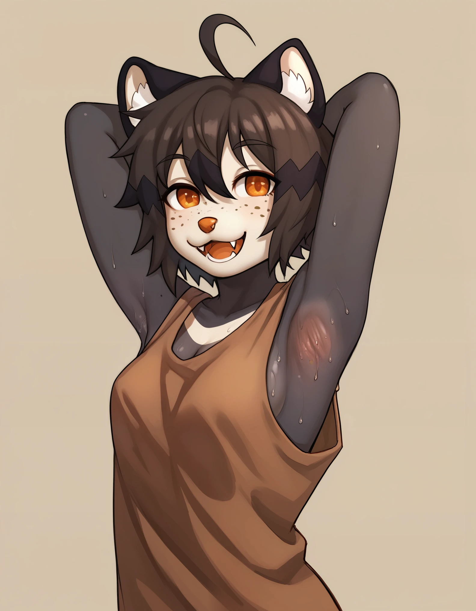 score_9, score_8_up, score_7_up, score_6_up, rating_safe, furry, puppyemonade \\\\(artist\\\\), mammal, solo, 1girl, armpits, animal ears, furry female, anthro, furry, clothing, short hair, looking at viewer, topwear, breasts, cat ears, armpit fetish, hair, open mouth, upper body, ahoge, simple background, shirt, fur, tank top, smile, sweat, hands behind head, small breasts, black hair, brown hair, orange eyes, felid, clothed, animal nose, arm behind head, black fur, freckles, brown background, animal ear fluff, brown eyes