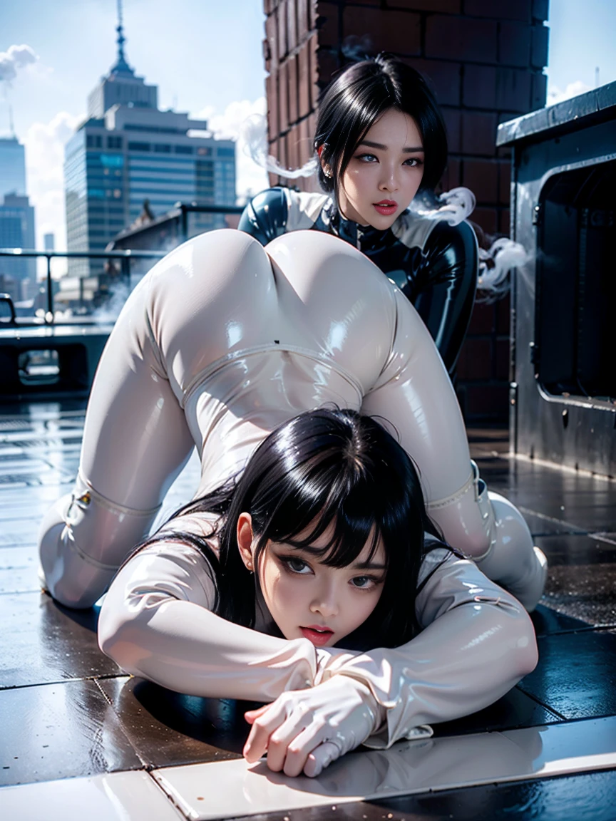 In 8K、Ultra-high resolution、Highest quality、Tabletop (Big Breasts、Toned body:1.2)((glossy white、Tight enamel rubber suit、Patent Leather Pants:1.4))(New York Buildings、Smoke from a manhole:1.5) (length, straight, Beautiful black hair:1.4)(Embarrassed expression、Big eyes、Transparent double eyelids、eyelash:1.3)(Gazing at the audience、Eye highlights、Light brown eyes、Pink Lip Gloss)Earrings、Stiletto heels、(Stick your butt out、Leaning forward:1.1)