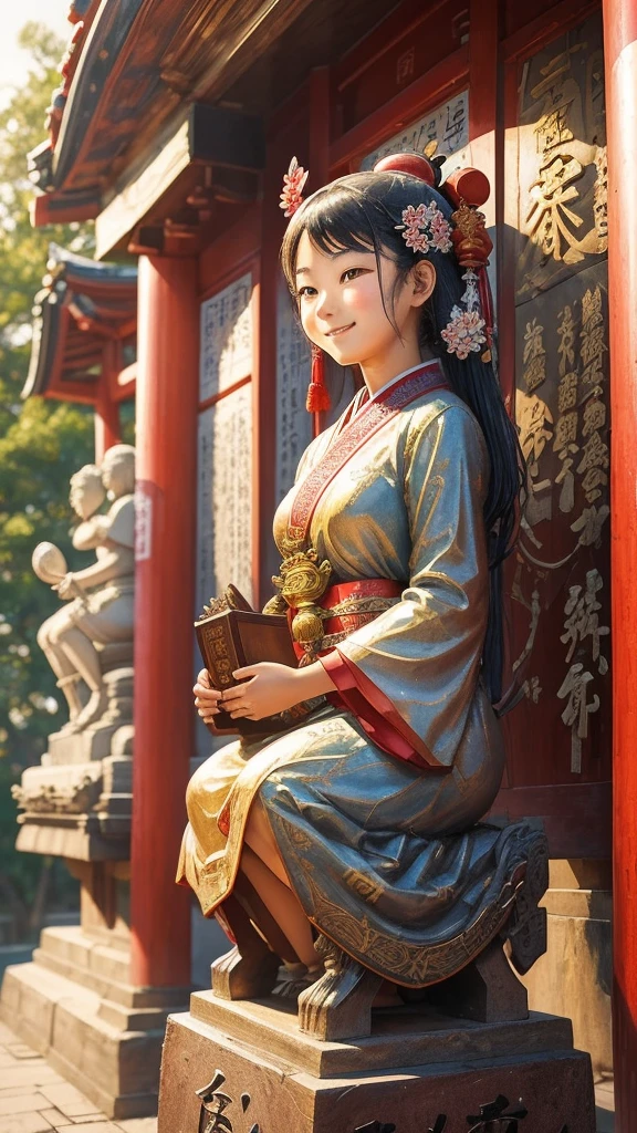 A portrait of a smiling girl at a shrine where prayer plaques for success in school exams have been dedicated。The Seven Lucky Gods are depicted around the statue to bring good fortune.、Support your desire to pass。