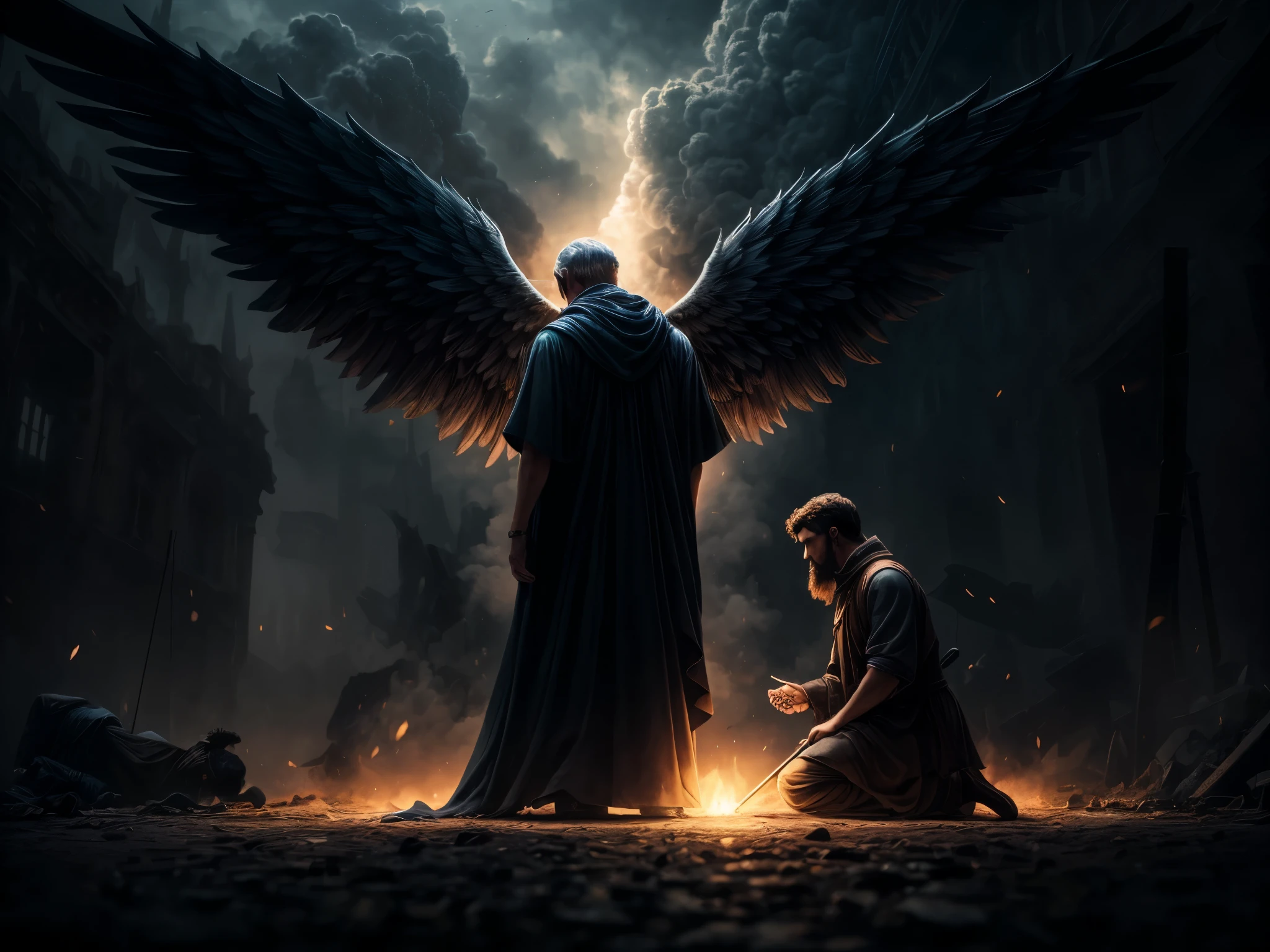 (s4w3d0ff), a man kneeling down with wings spread out and broken, a hyperrealistic painting by Olga Ibadullayeva, happening disgrace, the angels are crying, fallen angel, angels protecting a praying old man, angel protecting man, emotional picture, biblical accurate angel, biblically accurate angel, human need death angel, to fathom hell or go angelic, s4w3d0ff, etheric drawing. [Entire scene is surrounded by mist, evoking a mysterious and eerie atmosphere. The lighting is dark and atmospheric, with smoke and fog adding a touch of sinister ambiance. Best quality image, HDR enhancement, showcasing the utmost level of detail and realism]. [8K, Best Quality, Ultra High Resolution, (highly detailed CG unity 8k wallpaper), (best photo), (best shadows), isometric 3D, octane rendering, ray tracing, highly detailed, (Best quality, 4K, 8k:1.2), absurdity, ultra detailed, (realistic, photorealistic, photorealistic:1.37), complex parts, HDR, (complex parts:1.12), (hyper detailed, hyper realistic, Soft lighting, spicy:1.2), (complex parts, Hyper detailed:1.15). Blurred foreground. (backlit), masterpiece, high quality, brightness, chromatic aberration, foggy smoke, shadows, contrast, (warm hue, warm tone), high details, natural reflections].