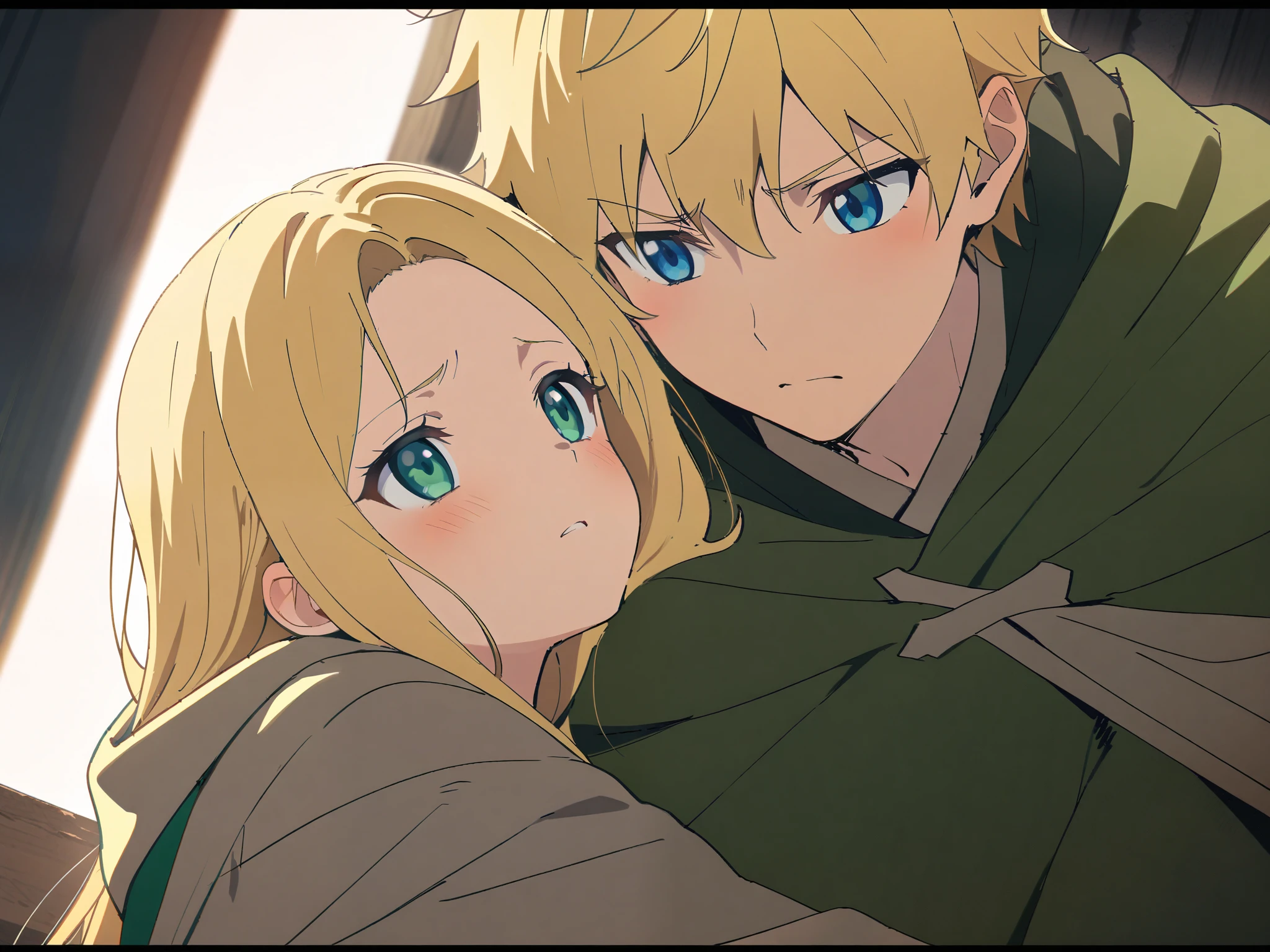 High Details, High Quality, High Resolution,
{{cowgirl shot, dutch angle, female focus}} {{Artist: Sincos}} a close up of two character girl hugging a boy from behind, girl long blonde hair, green emerald eyes, green long mage robe, boy, blonde hair meadieval armor, blue eye boy, dramatic, fantasy