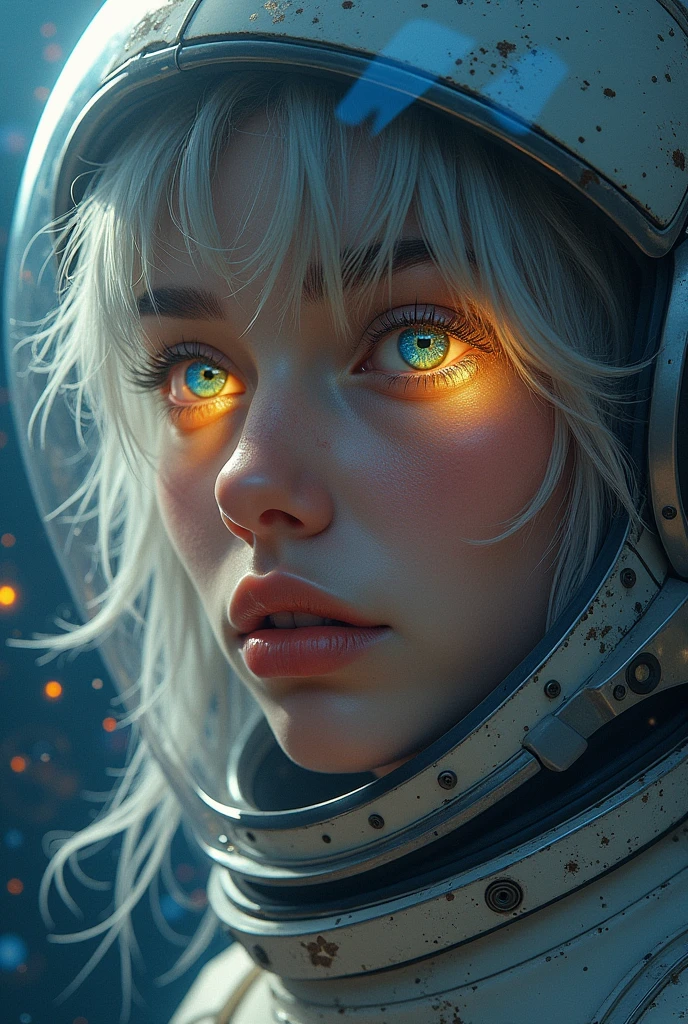 (Close-up of a better masterpiece:1.5)0.9], (Space and astronauts:1.2) (Messy silver hair:1.1) (Heterochromia xanthochromia and blue eyes:1.2) (Space Helmet:1.0) (Colored stars in the eyes:1.0) (A radiant glow:1.1) (thick lips:0.9)