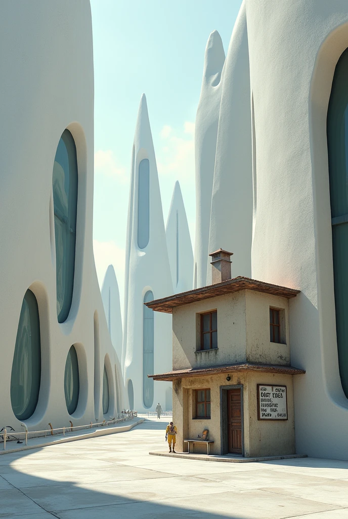 A small three-story old concrete building in a futuristic, modern, smooth-shaped building district,A sign with faded letters on a small building,