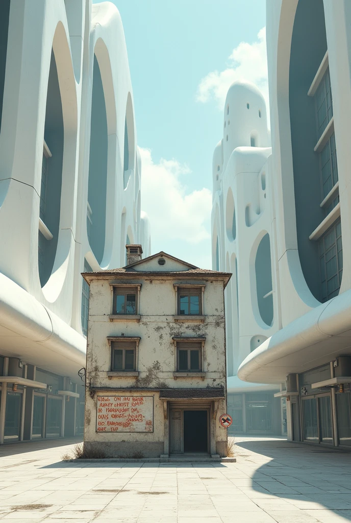 A small three-story old concrete building in a futuristic, modern, smooth-shaped building district,A sign with faded letters on a small building,