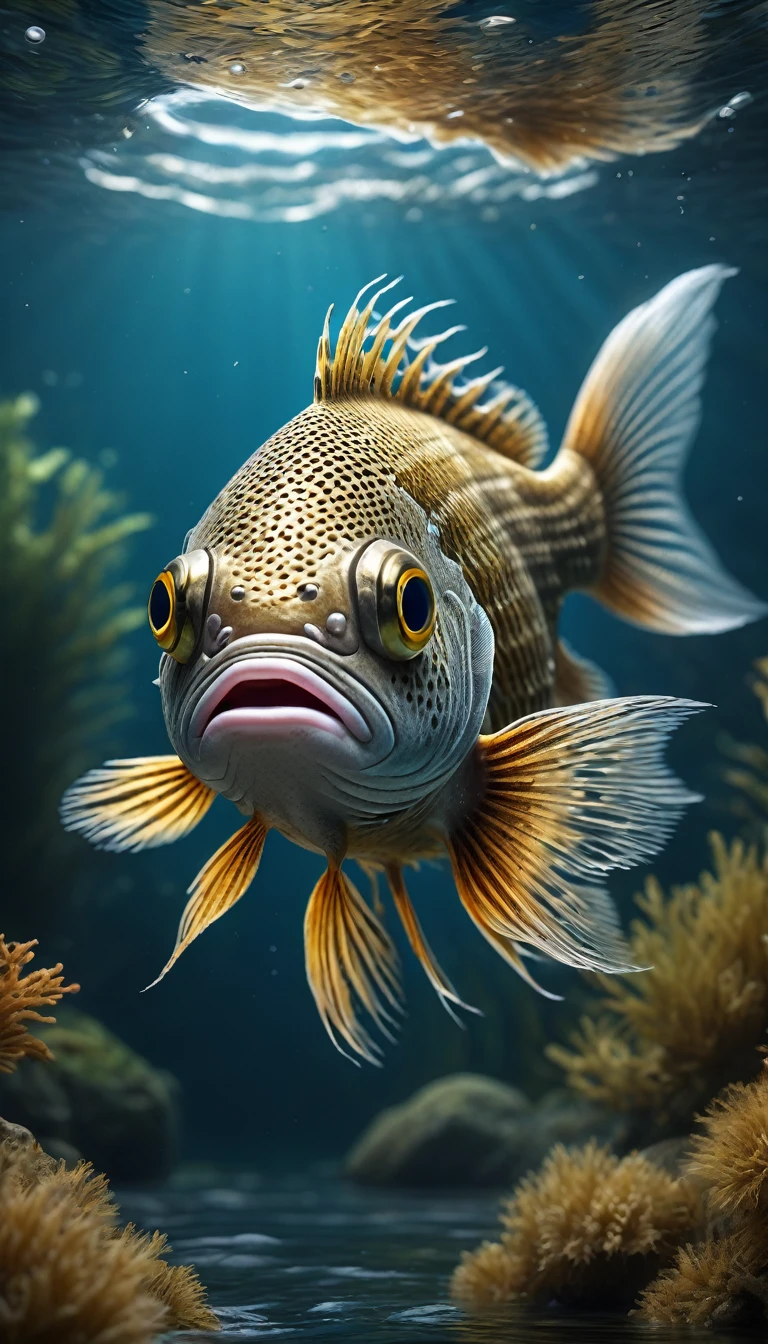 a hairy fish in the river, highly detailed, (best quality,4k,8k,highres,masterpiece:1.2),ultra-detailed,(realistic,photorealistic,photo-realistic:1.37),highly detailed animal, intricate patterns, realistic lighting, fantasy creature