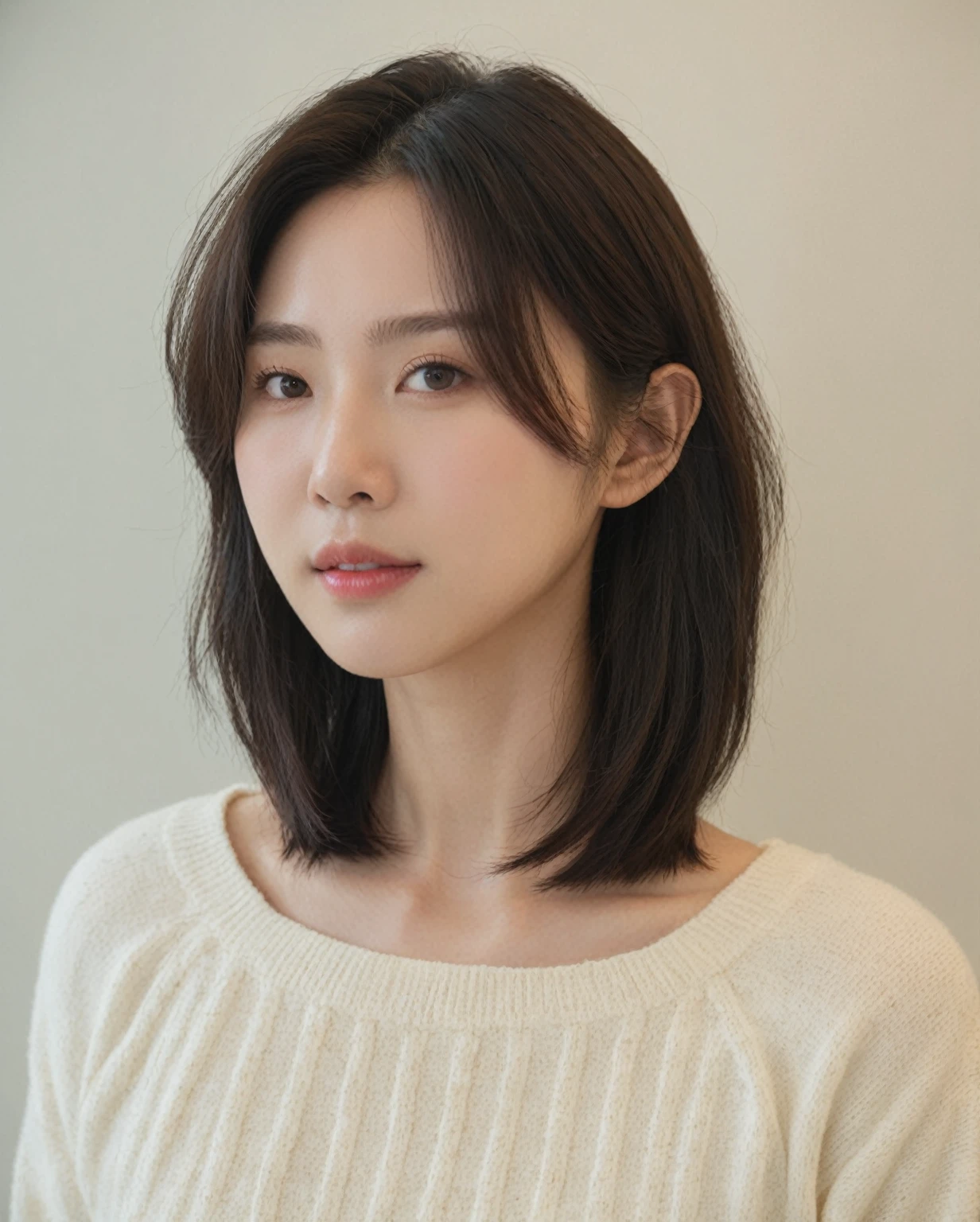 Best Quality, 8k, Masterpiece, (Portrait: 1.3), (photo realistic:1.4), (hyper realistic:1.4), Sharp Focus, looking at viewer, (smoother lighting:1.1), (increase cinematic lighting quality:0.9), realistic lighting, backlighting, light on face, ray trace, (brightening light:1.2), (Increase quality:1.4), sharp detail, (best quality real texture skin:1.4), finely detailed eyes, black_eyes, finely detailed face, 25 year old Korean woman, (Create an image maintaining the original base model hairstyle:1.5)