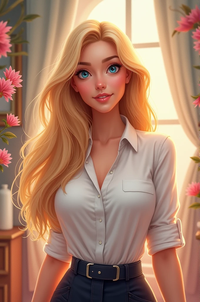 A blonde woman with blue eyes,length hair, work clothes as a beautician, Disney art.