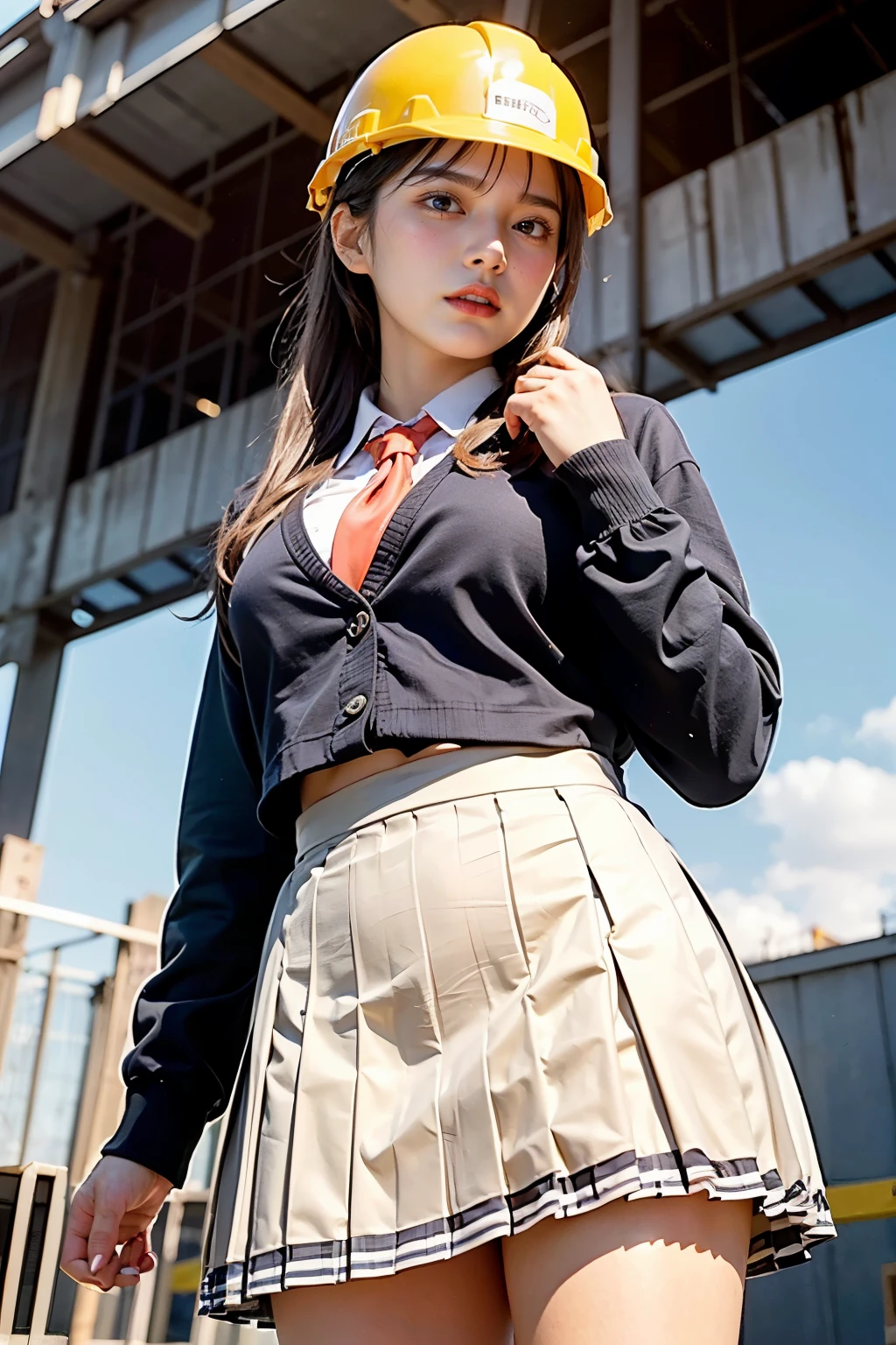 Masterpiece, bokeh, (Beautiful face), (Detailed face), (Japanese idle), (School uniform:1.3), (Pleated skirt:1.3), (Blushed face:1.3), (Plump breast:1.2), (Standing in Steel bridge of construction site:1.5), (Yellow helmet:1.3), (From below:1.5), (Perfect hand:1.5)