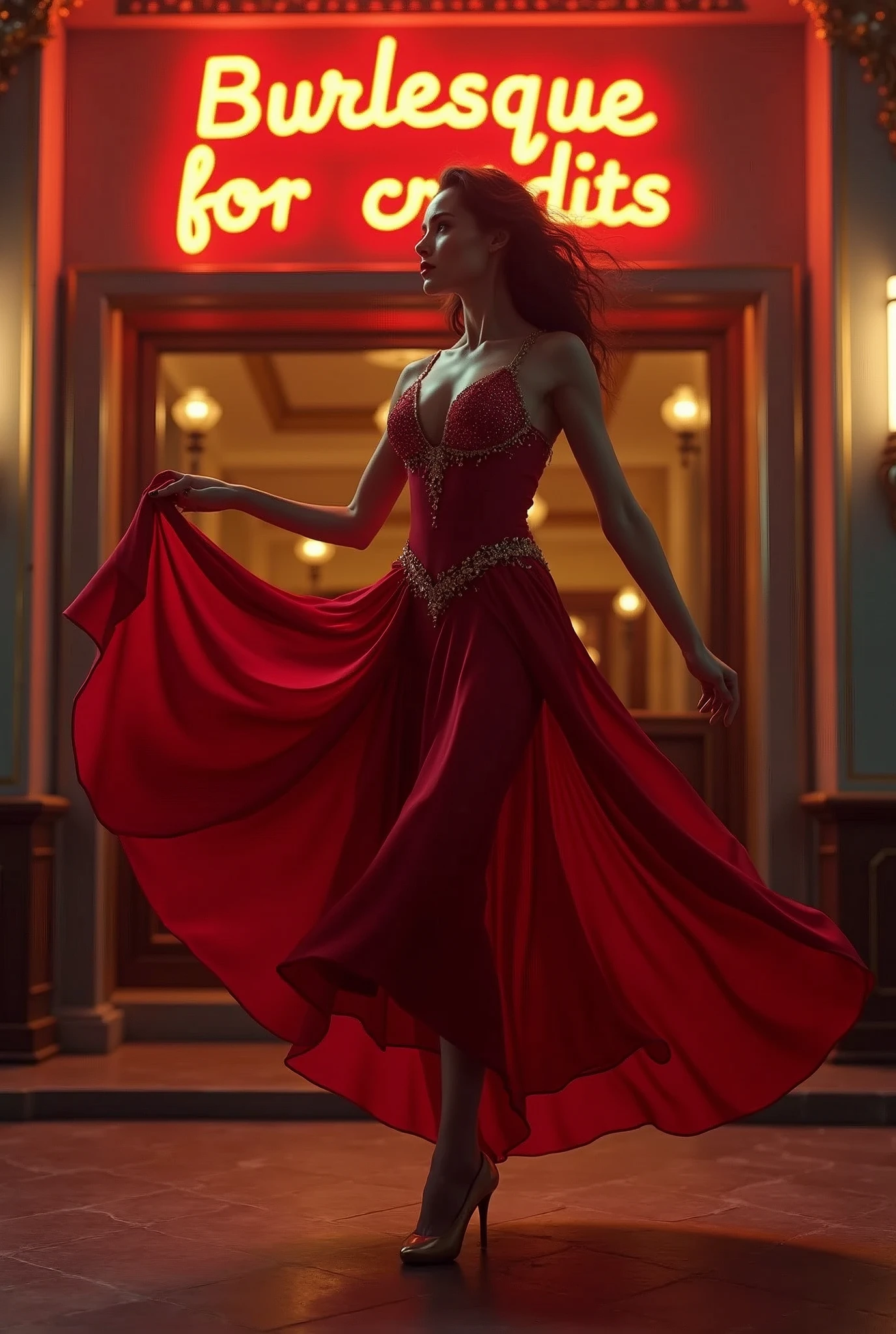 1 female, stunningly beautiful, full body with a slim waist,((( huge tits))), can-can dancer in mid-action with one leg up, vigorously manipulating her Red flowing dress, detailed craftsmanship of her skirt and pantalettes visible, in front of a theater entrance, neon sign above reading "Burlesque for credits", evening setting, theater facade with ornate details, vivid colors, high contrast, dramatic lighting, photorealistic, dynamic angle, cinematic, lively atmosphere, retina, accurate, masterpiece, super detail, high details, best quality, award winning, highres, HD, 4K, 8k, 16k, retina, accurate, masterpiece, anatomically correct, textured skin, super detail, high quality, award winning, highres, 8k, 16k